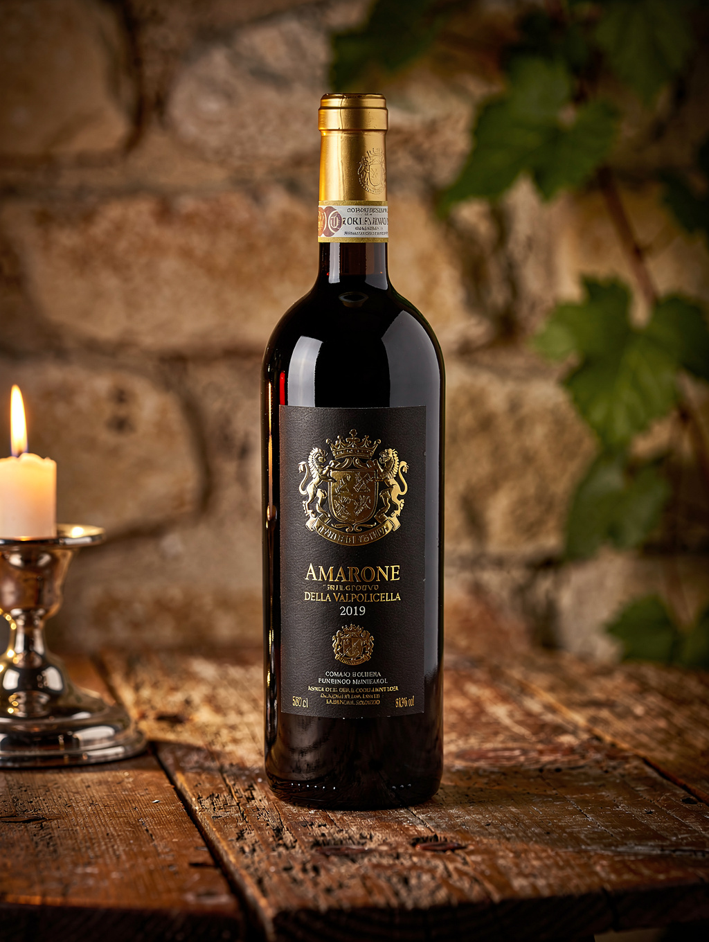 Amarone bottle beside an oak barrel