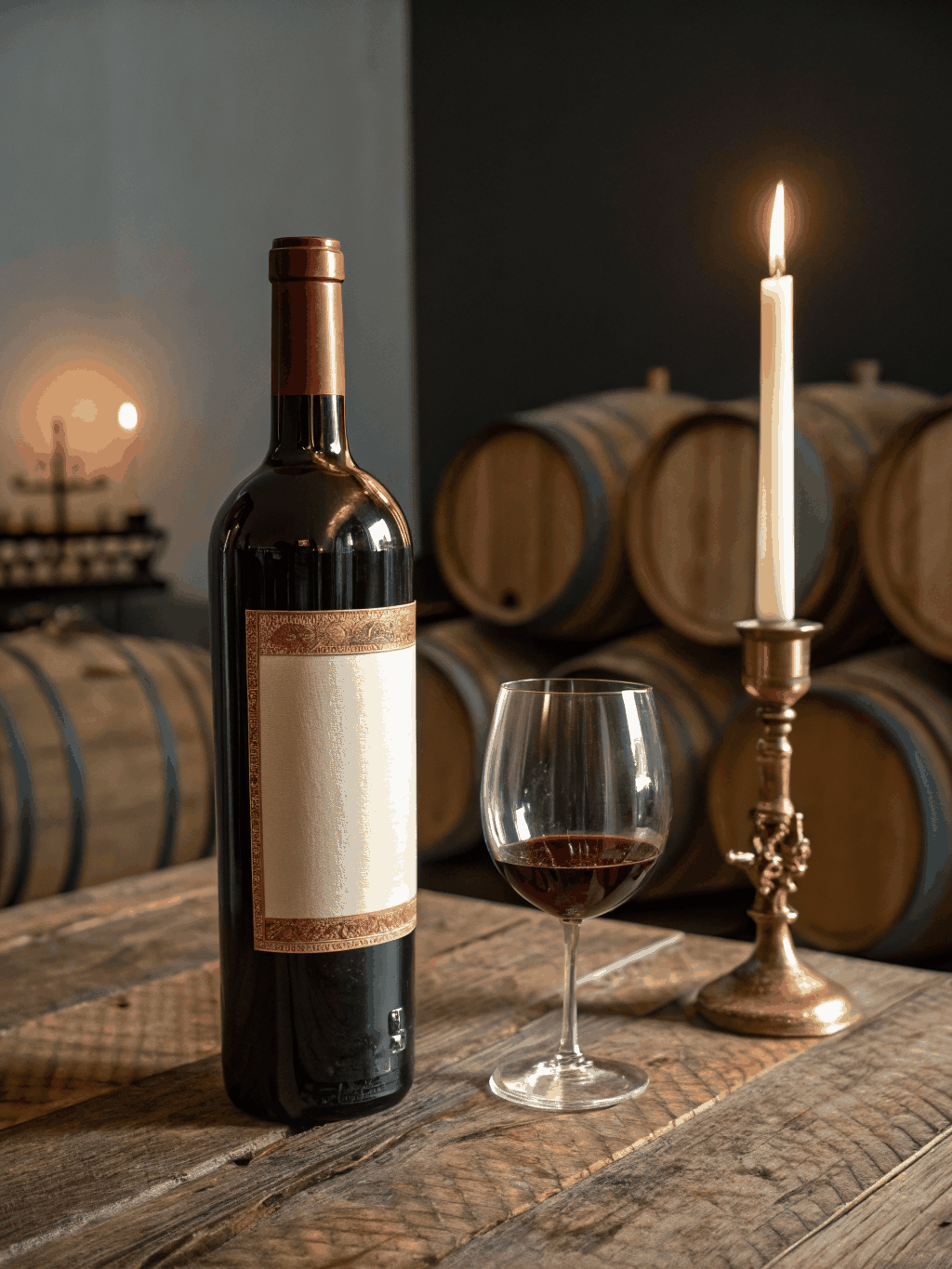 Aged Barolo bottle in dim cellar lighting