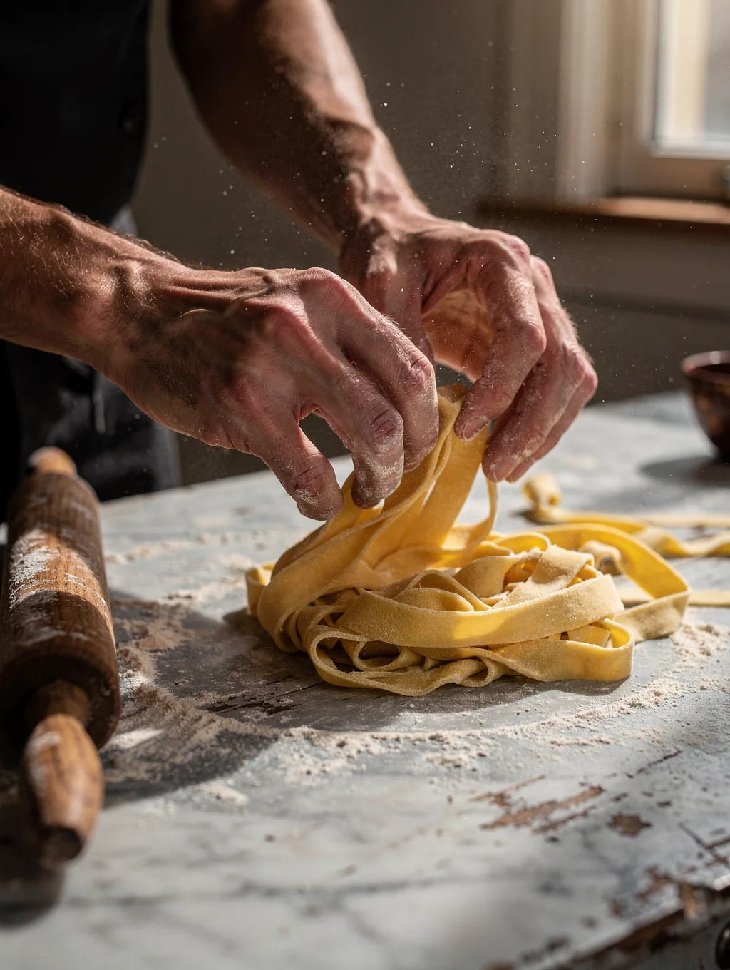 Artisan Italian chef shaping fresh handmade pasta with semolina flour