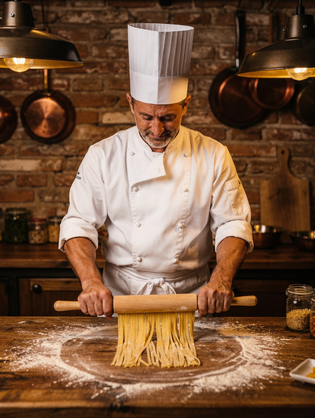 Chef Marco Rossi preparing fresh pasta in MANGIA kitchen